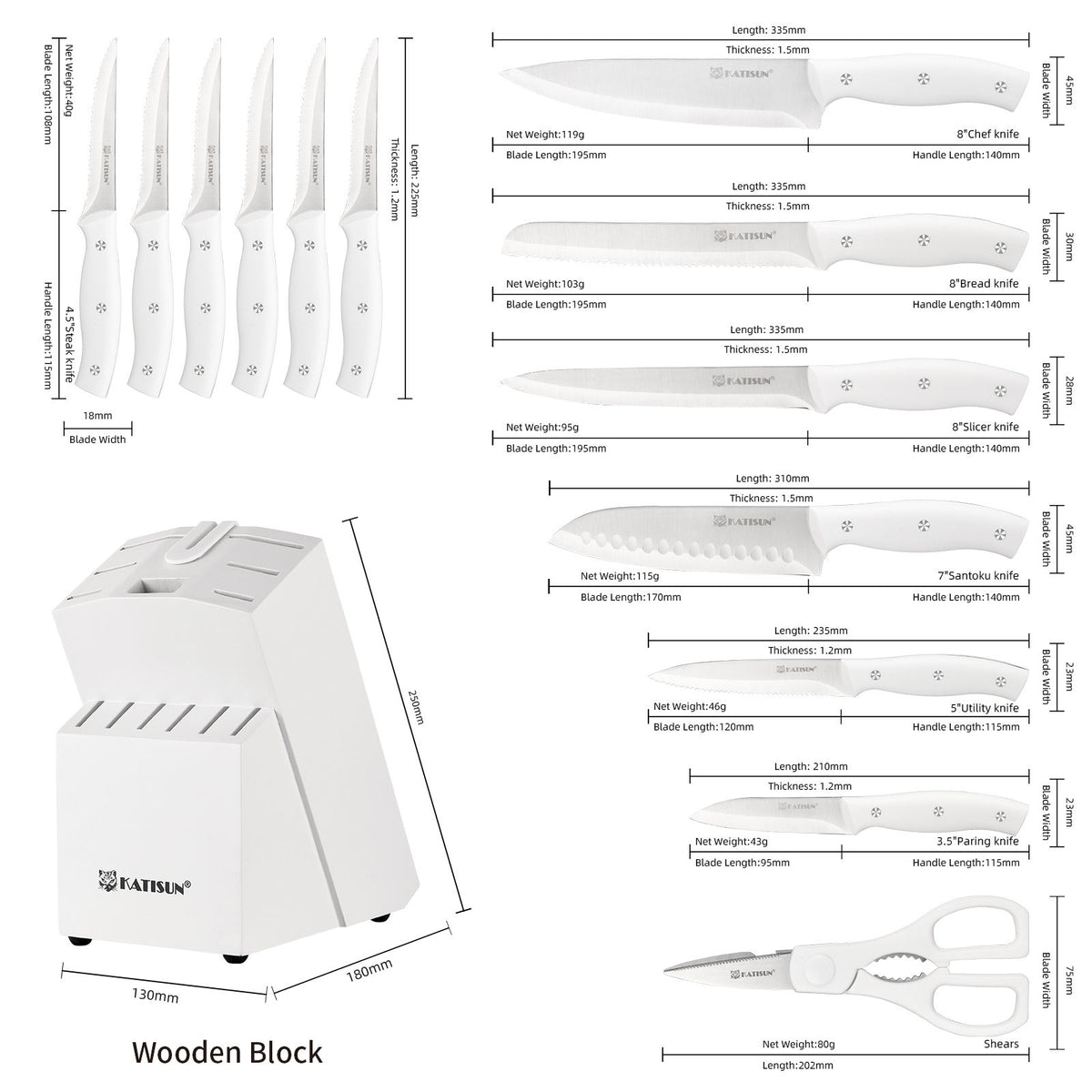 15 Pieces Of White Carbon Steel Blade Kitchen Knife Set, Equipped With A Genuine Wooden Frame, Internal Sharpener - view 2
