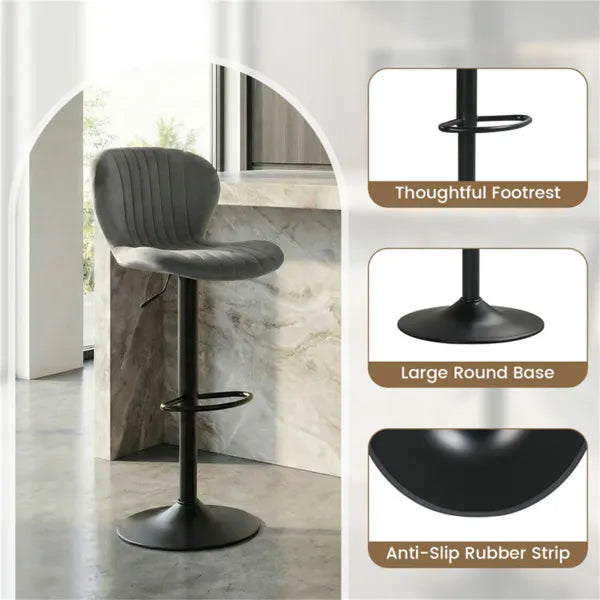 2-Pack Adjustable Height Bar Stools With 360° Swivel, Dutch Velvet Upholstered Bar Chai - Gray - view 4