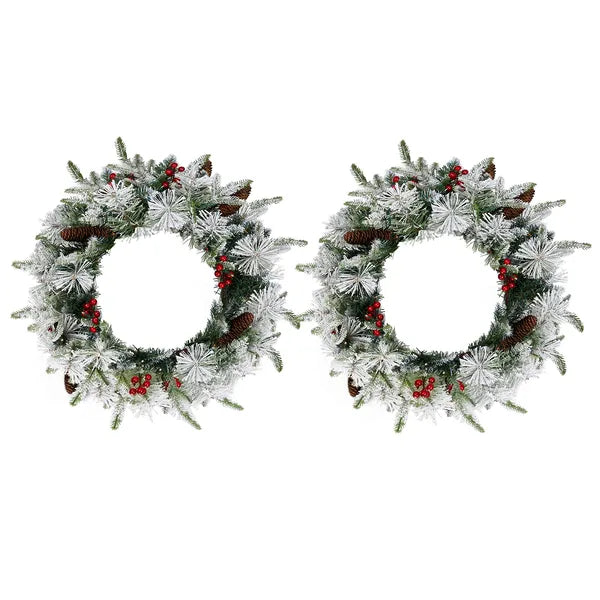 2 Pack 18in Pre-lit Snow Flocked Christmas Wreath, Lighted Artificial Xmas Wreath With 60 Warm Lights And 140 Tips