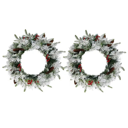 2 Pack 18in Pre-lit Snow Flocked Christmas Wreath, Lighted Artificial Xmas Wreath With 60 Warm Lights And 140 Tips