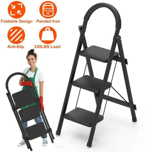 3-Step Folding Ladder, 330lbs Load Capacity, Lightweight 6.94lbs With 1.57in Folding Width