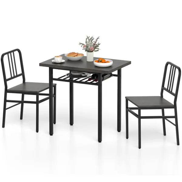 3-Piece Dining Table Set (Gray + Black), Space-Saving Tuck-under Chair Design