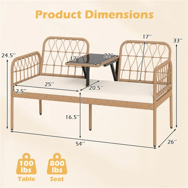 2-Person Outdoor PE Rattan Loveseat With Tempered Glass Coffee Table, 800 LBS Seat Capacity For Patio & Garden - view 3