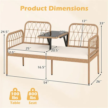 2-Person Outdoor PE Rattan Loveseat With Tempered Glass Coffee Table, 800 LBS Seat Capacity For Patio & Garden - view 3