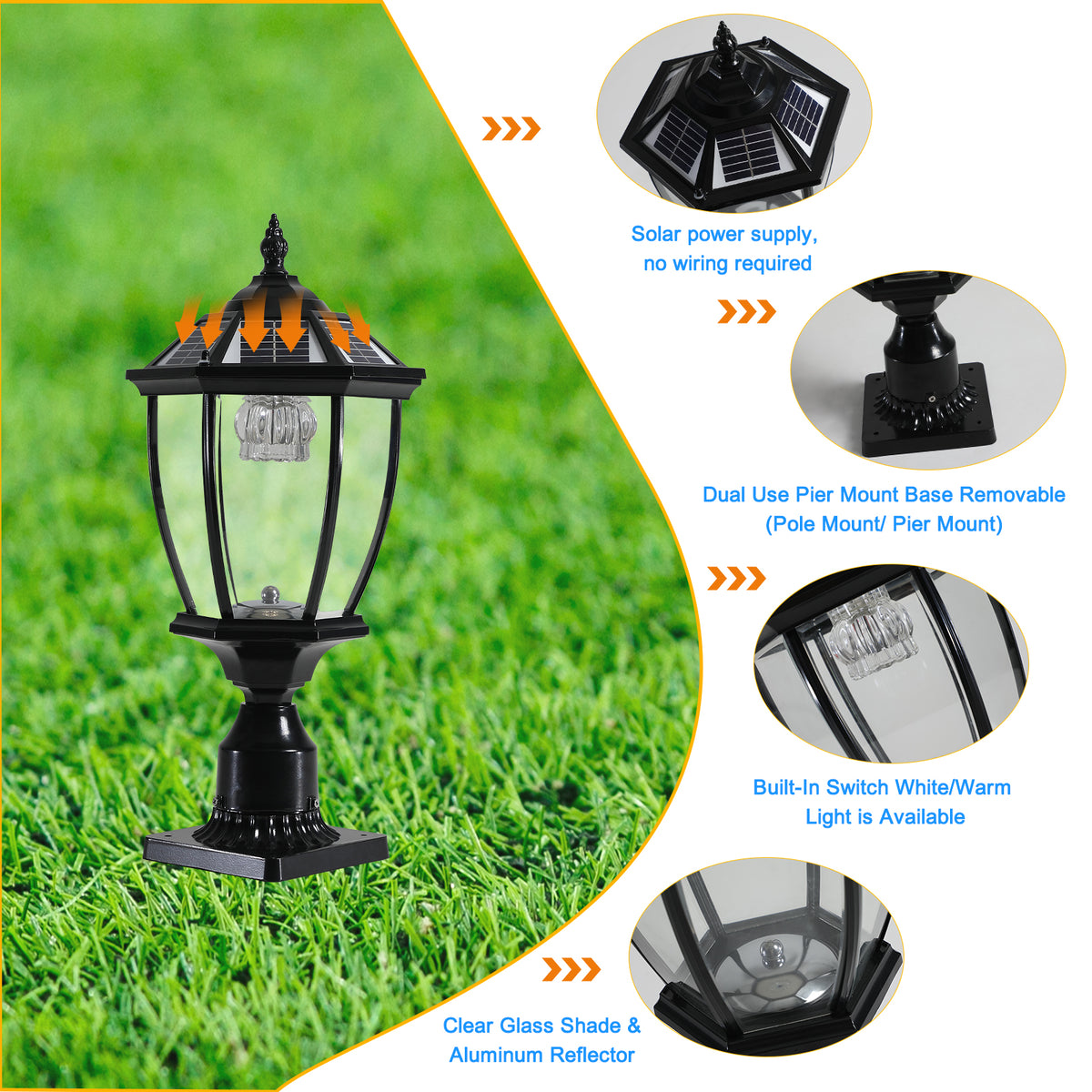 Black Solar Powered LED Outdoor Lantern, Vintage Garden Light With Elegant Glass Design For Pathways, Yards - view 6