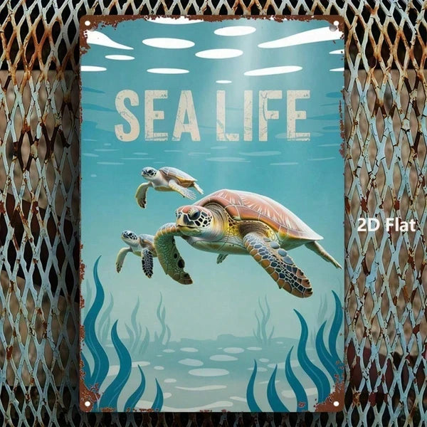 1pc 2D Metal Sea Turtle Wall Decor, 8x12 Inch Marine Life Tin Sign, Square Iron Hanging Art Poster For Home Bar Cafe - view 4