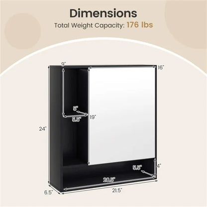 2 In 1 Mirrored Bathroom Wall Cabinet, Space-Saving Medicine Cabinet With Hidden Storage & Shelves - Black - view 3