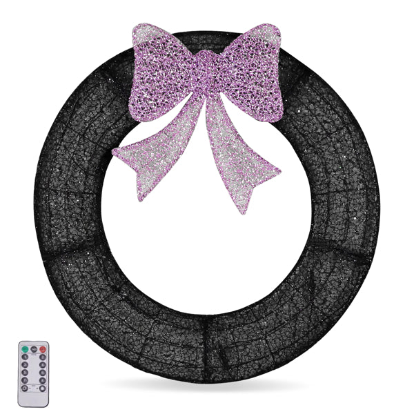 36in Pre-lit Outdoor Christmas Wreath Decoration, Lighted Metal Wreath With Purple Bow