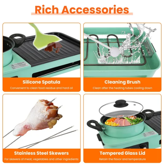 Electric Grill And Hot Pot Combo - 1600W Smokeless Korean BBQ Grill With Dual-Zone Cooking Non-Stick Surface & - view 3