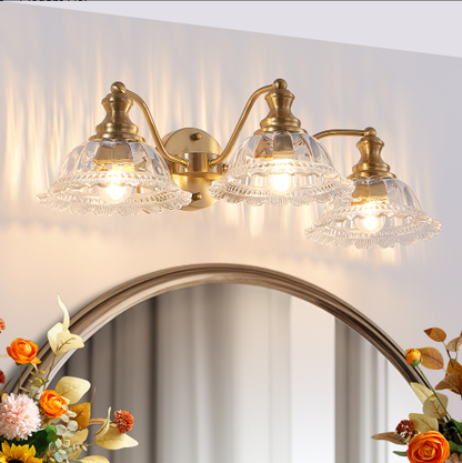 24 Inch 3-Light Vintage Bathroom Wall Sconce - Elegant Golden Metal And Glass Lampshade Vanity Light Fixture