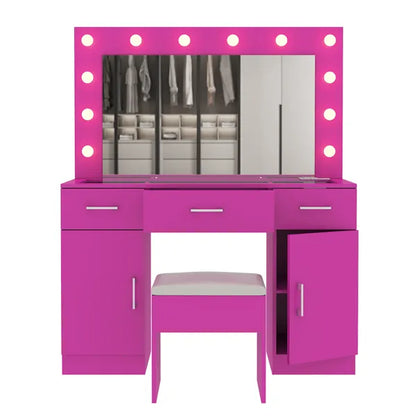 Vanity Desk Set with Large Lighted Mirror and Powre Outlet, Glass Top Makeup Vanity with 3 Drawers and 2 Cabinets - view 3