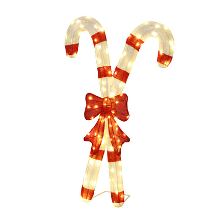 Lighted Candy Cane And Red Bowknot Christmas Decorations, Pre-lit 2D Holiday Decor With 100 Warm White LED Lights