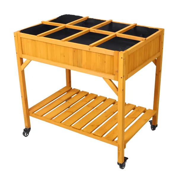 Elevated 8 Pocket Herb Garden Bed, Mobile Raised Customizable Wood Planter For Herbs, Vegetables