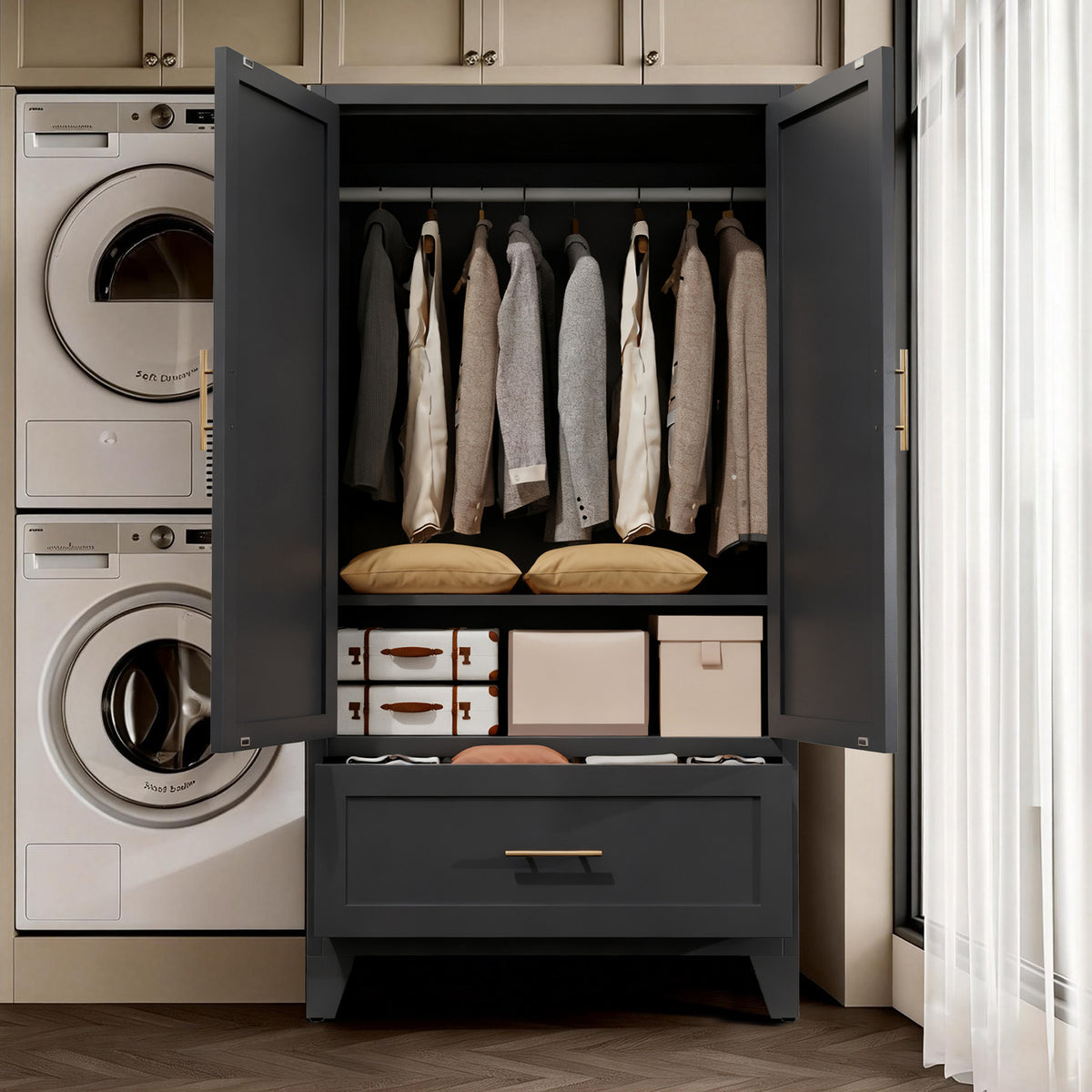 60inch Tall Metal Wardrobe Cabinet With 1 Drawer And Hanging Rod, 2 Doors Wardrobe Closet With Shelf For Bedroom - view 2