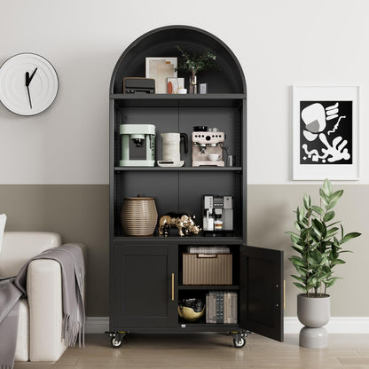 Metal Arched Bookcase With Wheels, Modern Freestanding Black Arch Storage Cabinets For Home Office Bookshelf Living Room - view 6