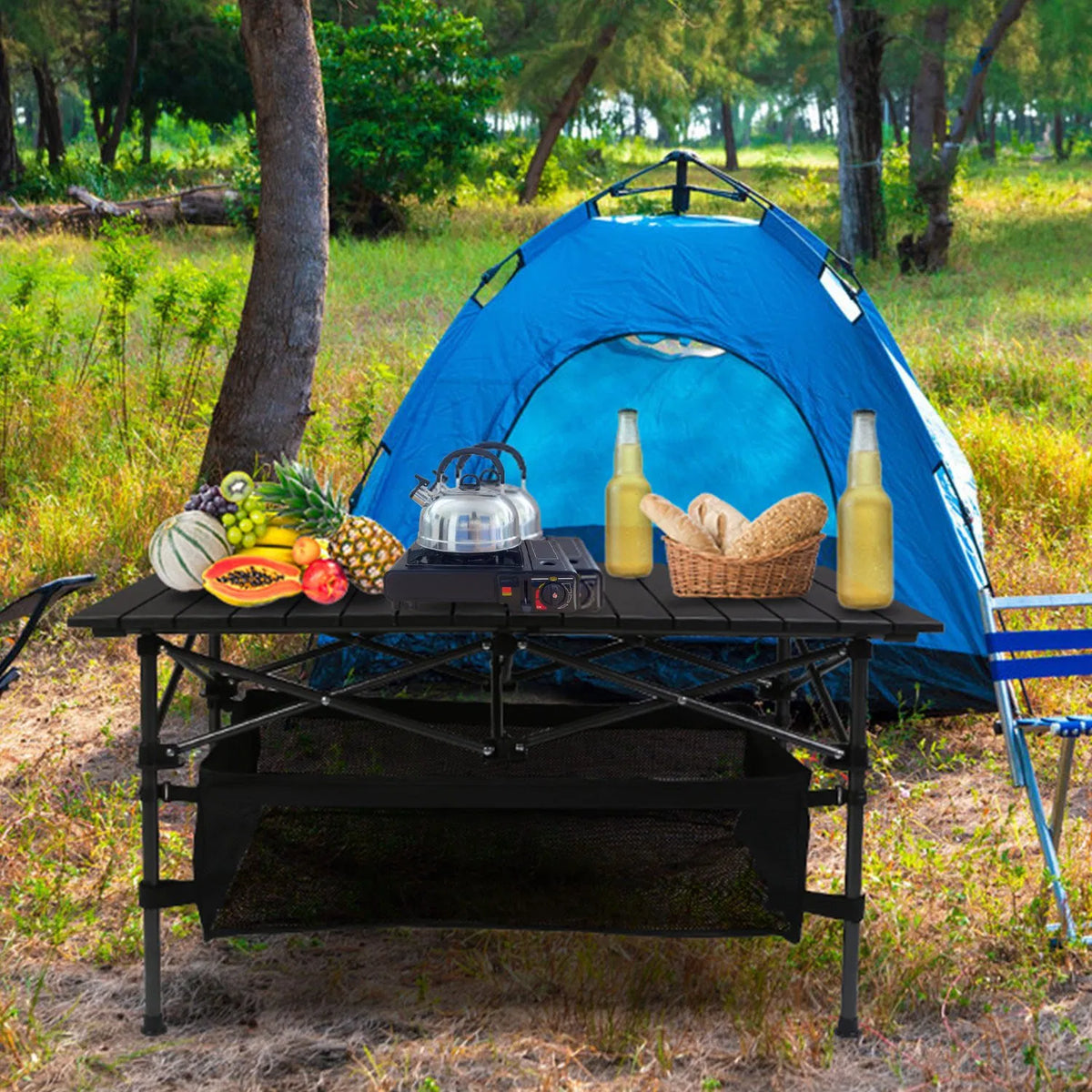 220 Lb Capacity Foldable Camping Table Aluminum Top & Steel Frame With Mesh Basket Portable BBQ Picnic Beach Table - view 2