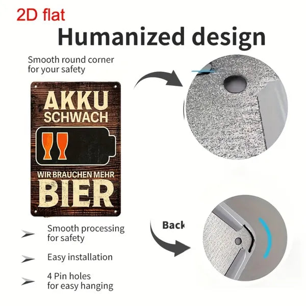 Vintage AKKU SCHWACH Low Battery Need More Beer Metal Tin Sign Multi-Use Yard Sign For Bar Office Home Cafe Restaurant - view 6