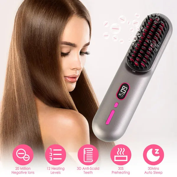 Cordless Negative Ion Hair Straightener Brush Rechargeable Mini Styling Comb With 12 Heating Levels Anti-scald 30S