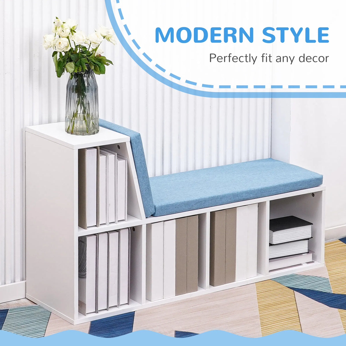 Multi-Purpose Bookshelf with 5 Cubes, 5-Cubby Bookcase with Cushioned Reading Nook and Storage Shelves, Blue - view 4