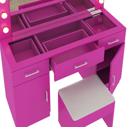 Vanity Desk Set with Large Lighted Mirror and Powre Outlet, Glass Top Makeup Vanity with 3 Drawers and 2 Cabinets - view 7
