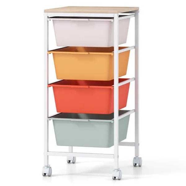 4-Drawer Rolling Storage Cart, Mobile Utility Organizer With MDF Wooden Top (Macaron)