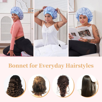 Silk Bonnet For Sleeping Women, Satin Hair Bonnet For Sleeping For Wavy Curly Natural Hair Women Men - Blue - view 5