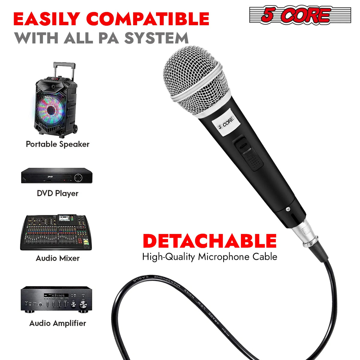 5 CORE Microphone Dynamic Vocal Handheld Mic Cardioid Unidirectional Microfono w On Off Switch + XLR Audio Cable - view 6