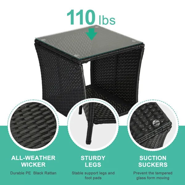 Outdoor Patio Wicker Side Table, Square End Table Bistro Coffee Table With Glass Top Storage Shelf For Porch Garden - view 4