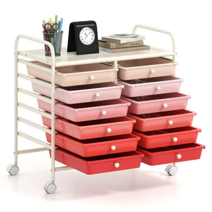 12-Drawer Rolling Storage Cart - 2-Row 10-Storey, Multicolor Drawers, 4 Wheels (2 Brake), White Frame-Pink
