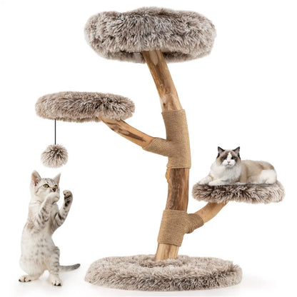 4-Level Natural Pear Wood Cat Tree - 19.5" x35.5", Jute Scratch Posts + Plush Ball, Long Plush