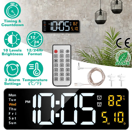 15.7in LED Digital Wall Clock With Remote Control 10 Level Brightness 3 Alarm Settings 12 24Hr Format Timing Countdown