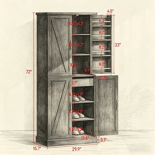 Rustic Barn Style Storage Cabinet With Adjustable Shelves 29.9 Inches X 15.7 Inches X 72 Inches For Kitchen - view 2
