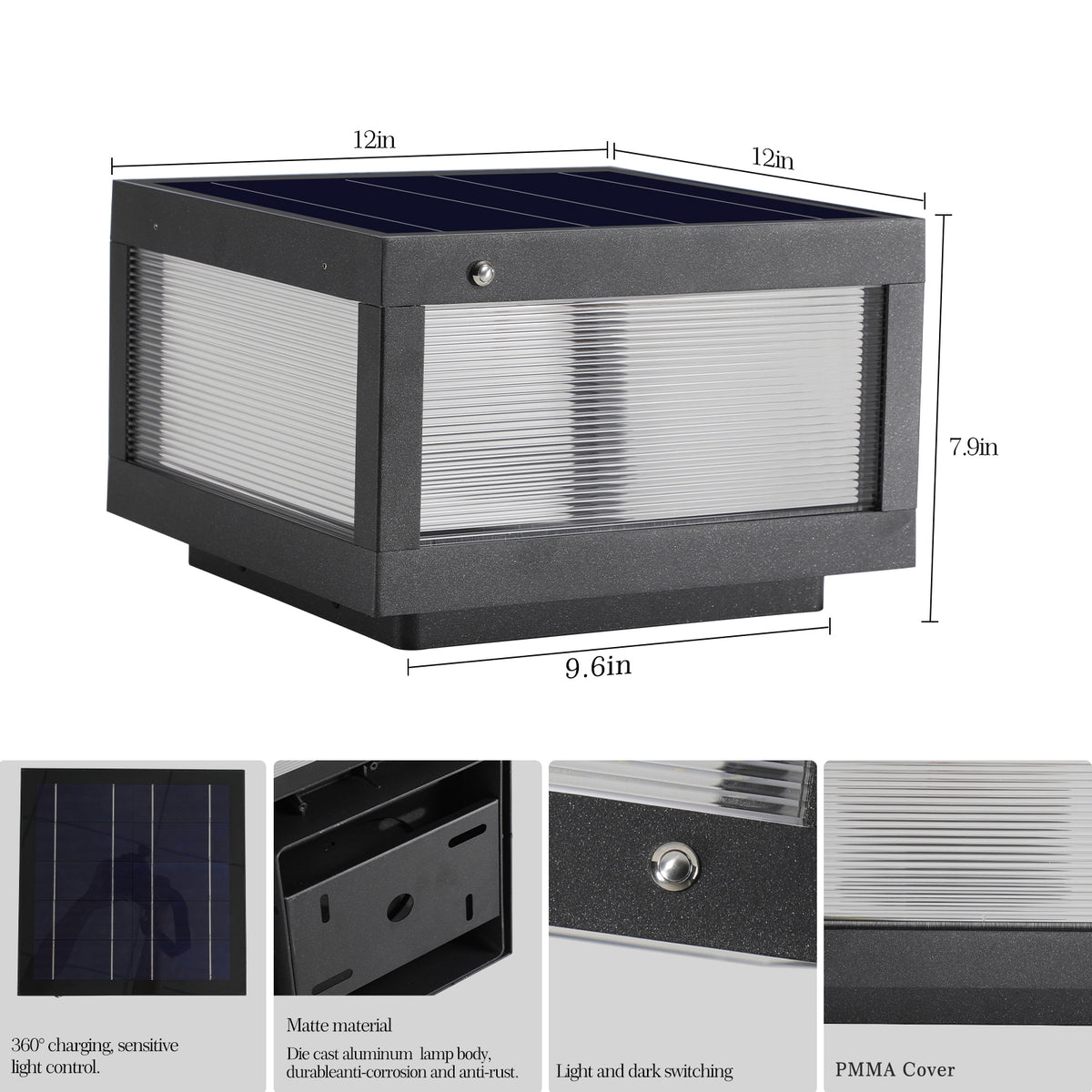 12inch Black Solar Powered LED Post Cap Light, Modern Outdoor LED Fence Light For Pathways, Decks, And Patios1-Pack - view 10