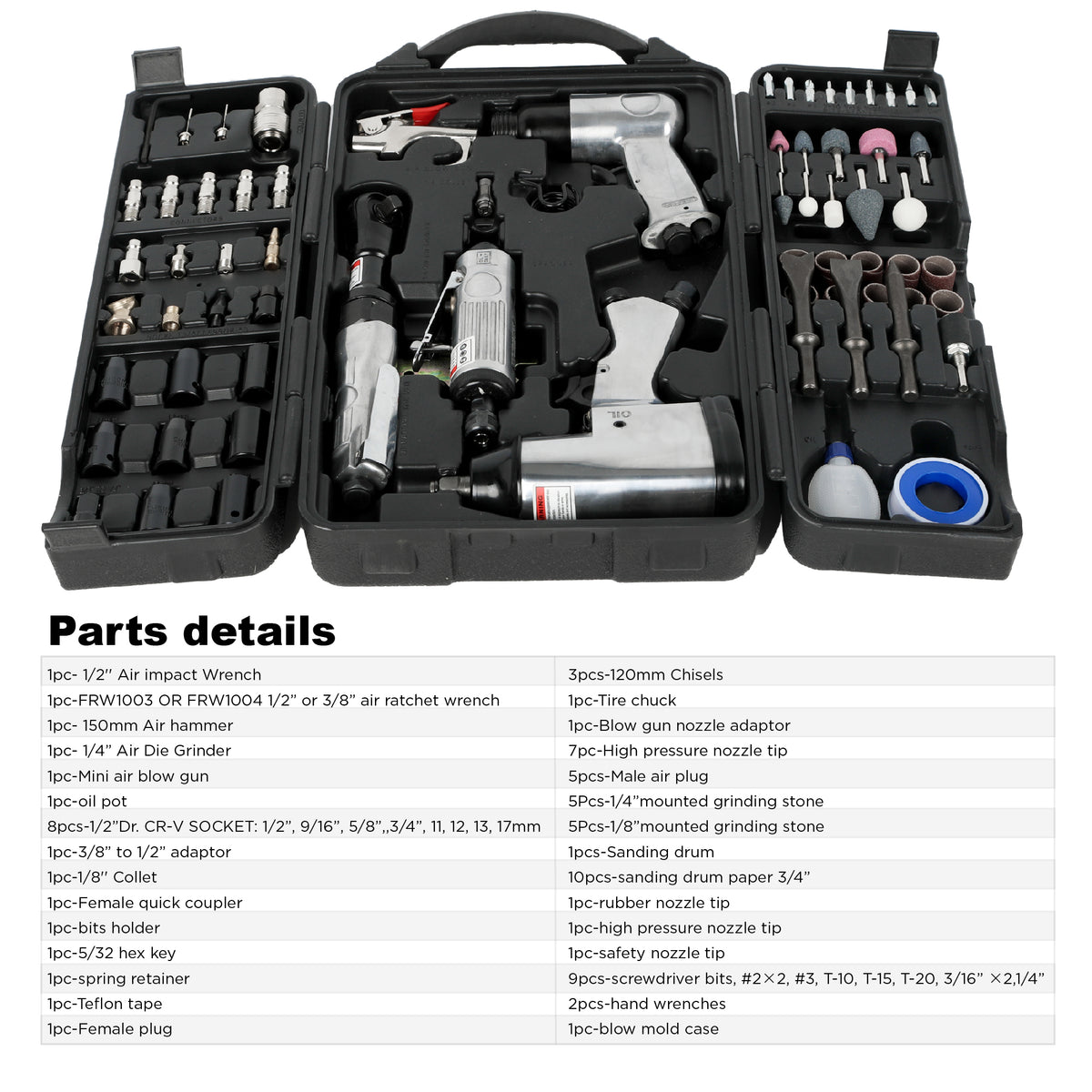 71 Piece Air Tool And Accessories Kit, Impact Wrench, Air Ratchet, Die Grinder, Aire Hammer, Hose Fittings, Storage Case - view 7