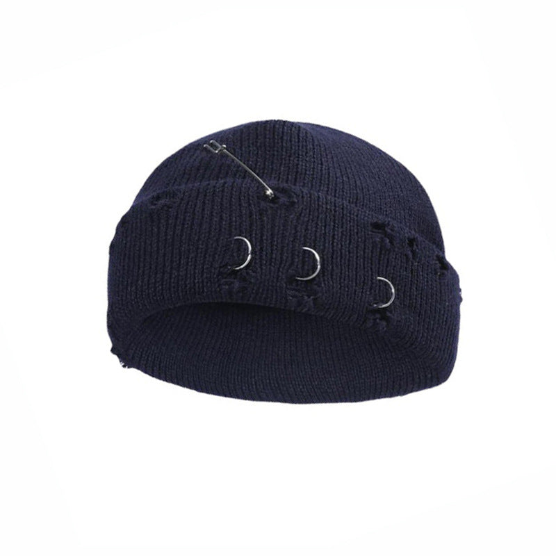 Iron Ring Pin Ripped Knit Beanie - view 9