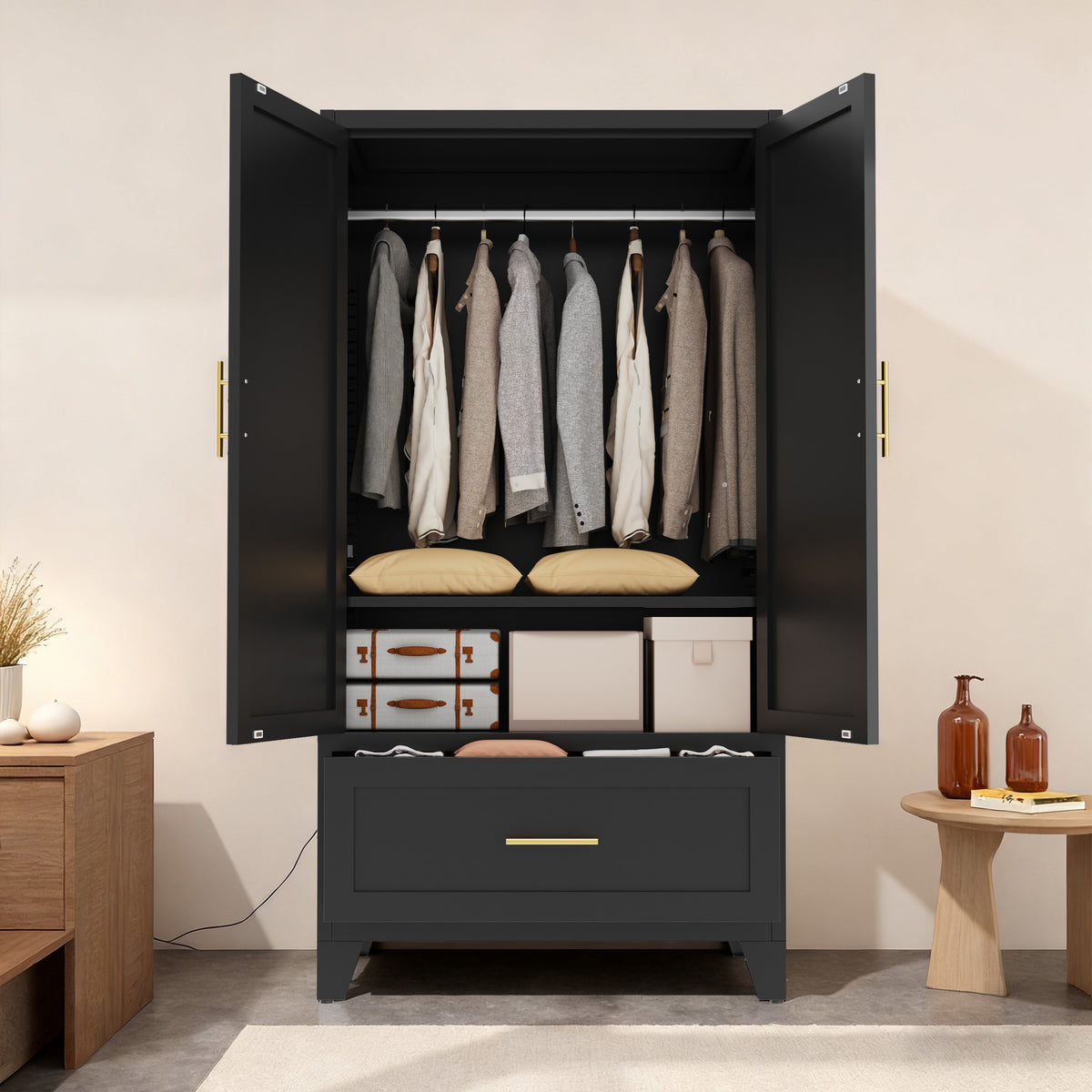 60inch Tall Metal Wardrobe Cabinet With 1 Drawer And Hanging Rod, 2 Doors Wardrobe Closet With Shelf For Bedroom - view 2