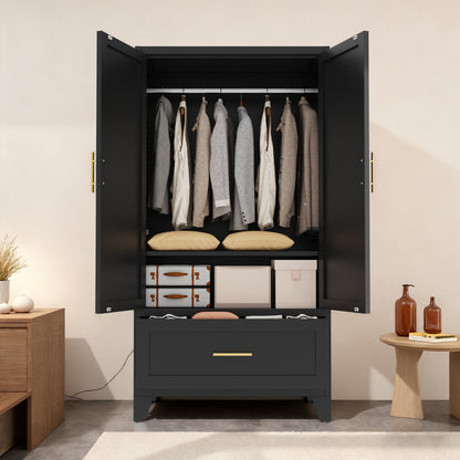 60inch Tall Metal Wardrobe Cabinet With 1 Drawer And Hanging Rod, 2 Doors Wardrobe Closet With Shelf For Bedroom - view 2