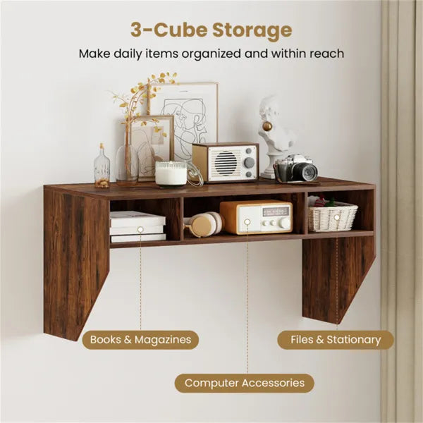 Rustic Brown Wall-Mounted Floating Computer Desk With 3-Cube Storage, Sturdy Wooden Workstation For Home Office - view 3