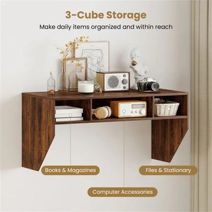 Rustic Brown Wall-Mounted Floating Computer Desk With 3-Cube Storage, Sturdy Wooden Workstation For Home Office - view 3