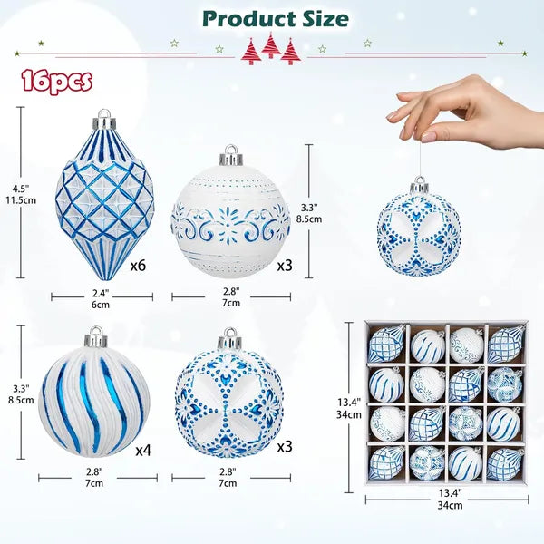 16PCS Shatterproof Christmas Ball Ornaments Set, Hand-Painted Holiday Decor With Assorted Sizes & Designs For Christmas - view 5