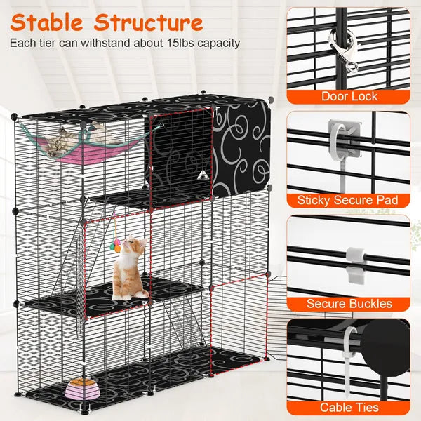 3-Tier Cat Cage Enclosure Indoor Cat Cage Playpen With Hammock Toy Ball Ladder DIY Iron Wire Cat House Kennels Crate - view 3