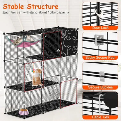 3-Tier Cat Cage Enclosure Indoor Cat Cage Playpen With Hammock Toy Ball Ladder DIY Iron Wire Cat House Kennels Crate - view 3