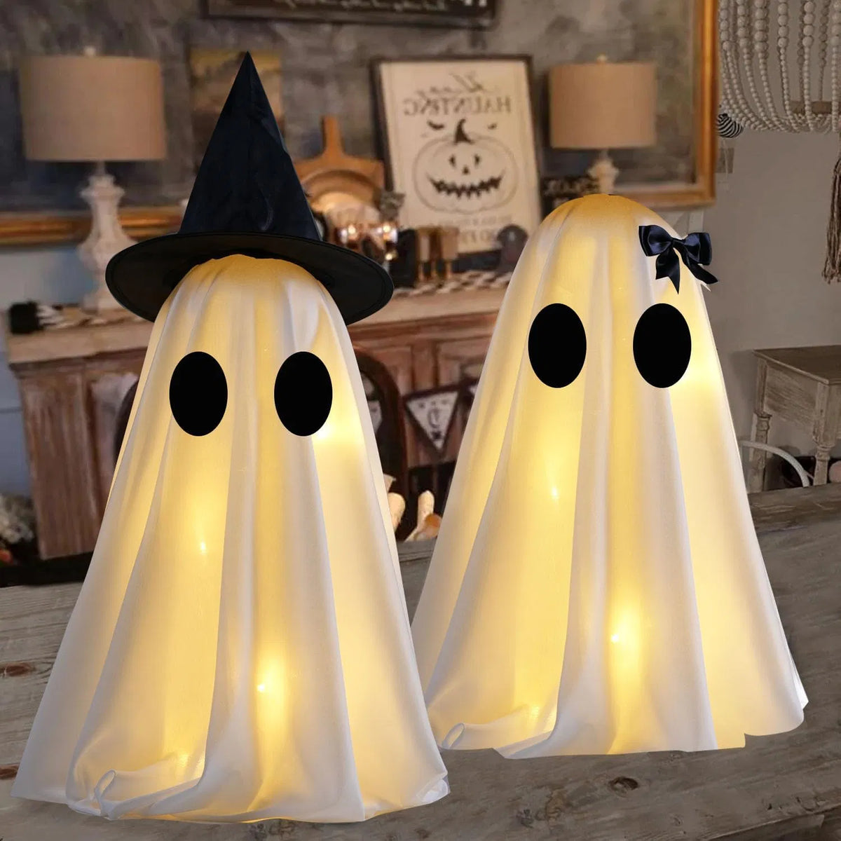 Light Up Halloween Scary Ghost Decorations, Set of 2 DIY Spooky Crafts for Indoor Home Mantel Shelf & Tabletop Decor - view 8