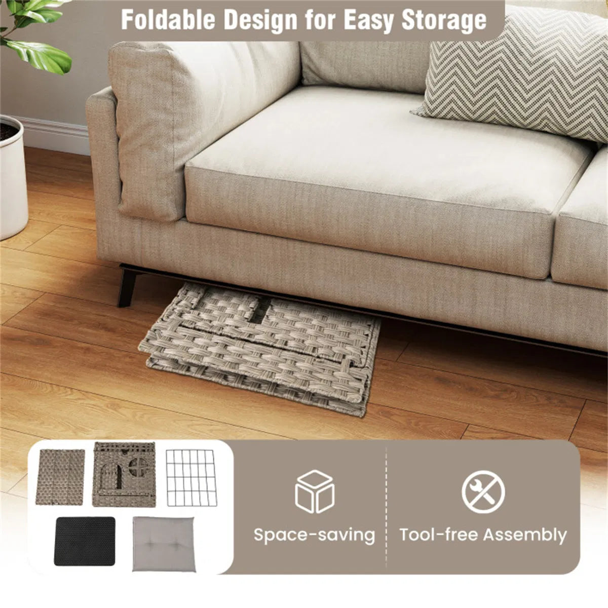 2-Tier Wicker Cat Condo with Litter Mat - Hidden Litter Box Enclosure, Detachable Washable Cushion, Gray Rattan - view 3