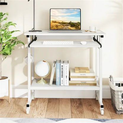 White Mobile Computer Desk With Keyboard Tray & Storage Shelf, 360 Lockable Casters For Home Office - view 2