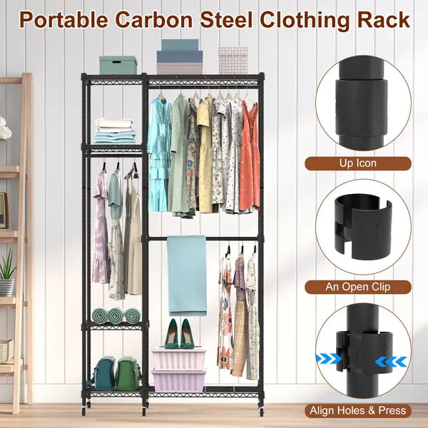 4 Tier Heavy Duty Garment Rack With Wheels Carbon Steel Clothing Rack Portable Wardrobe Clothes Rack With 3 Hanging - view 2