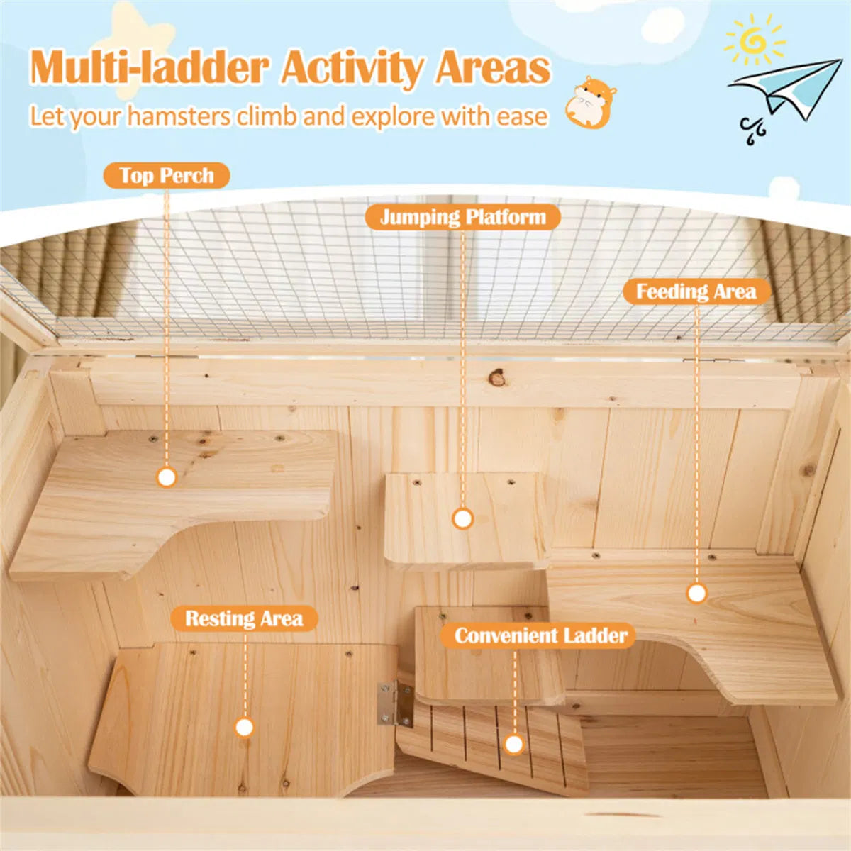 31.5 " Fir Wood Hamster Cage with Flip Mesh Roof, Multi-Level Activity Areas & Bottom Storage Shelf - view 7