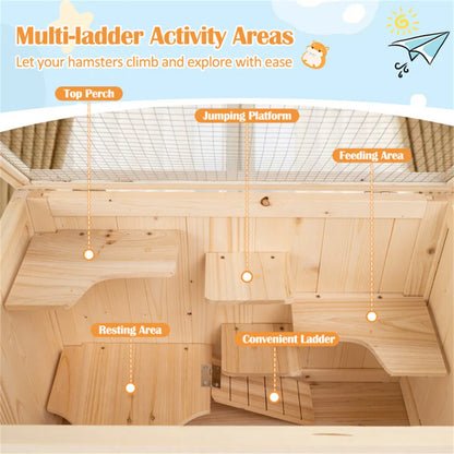 31.5 " Fir Wood Hamster Cage with Flip Mesh Roof, Multi-Level Activity Areas & Bottom Storage Shelf - view 7