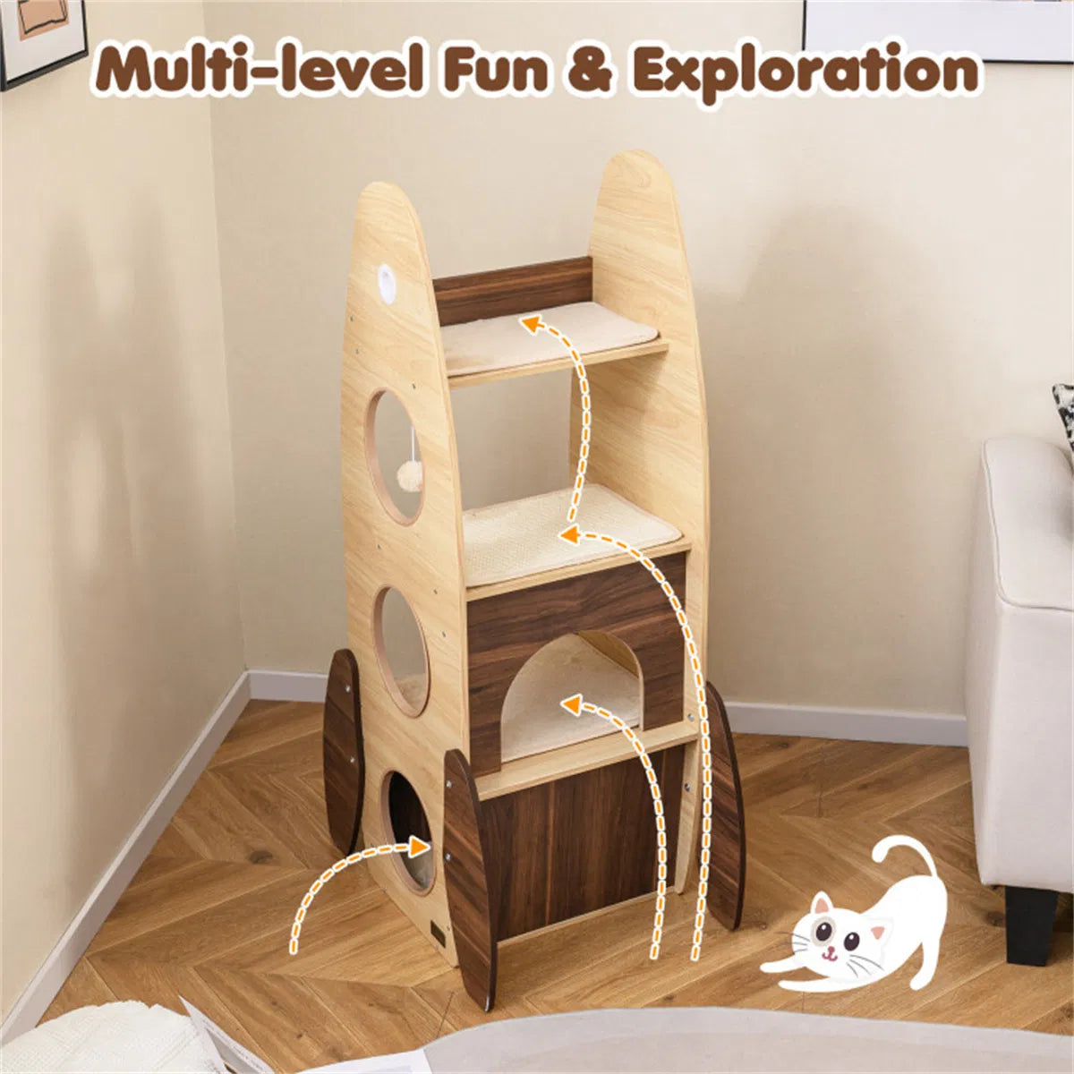 4-Tier Rocket Shape Cat Tree with 2-Tier Condo Sisal Scratch Pad Hanging Pompom Natural+White - view 3