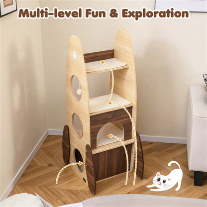 4-Tier Rocket Shape Cat Tree with 2-Tier Condo Sisal Scratch Pad Hanging Pompom Natural+White - view 3